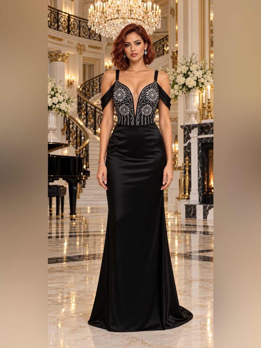 NWOT Black Women’s Sequin Evening Gown Deep V Satin Skirt Formal Prom Dress Sz M